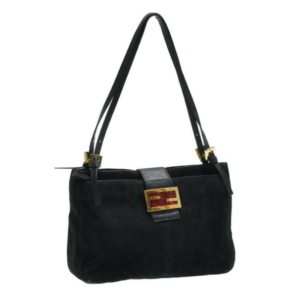 Fendi Black Suede Leather V Shaped Enamel Clasp HOBO Style Satchel Shoulder Bag - Picture 12 of 12